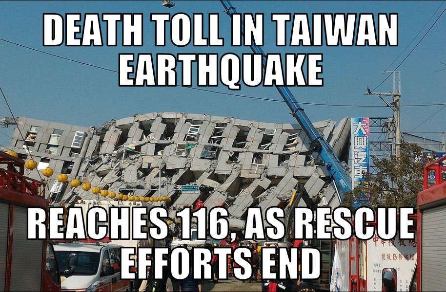 Tainan earthquake death toll reaches 116
