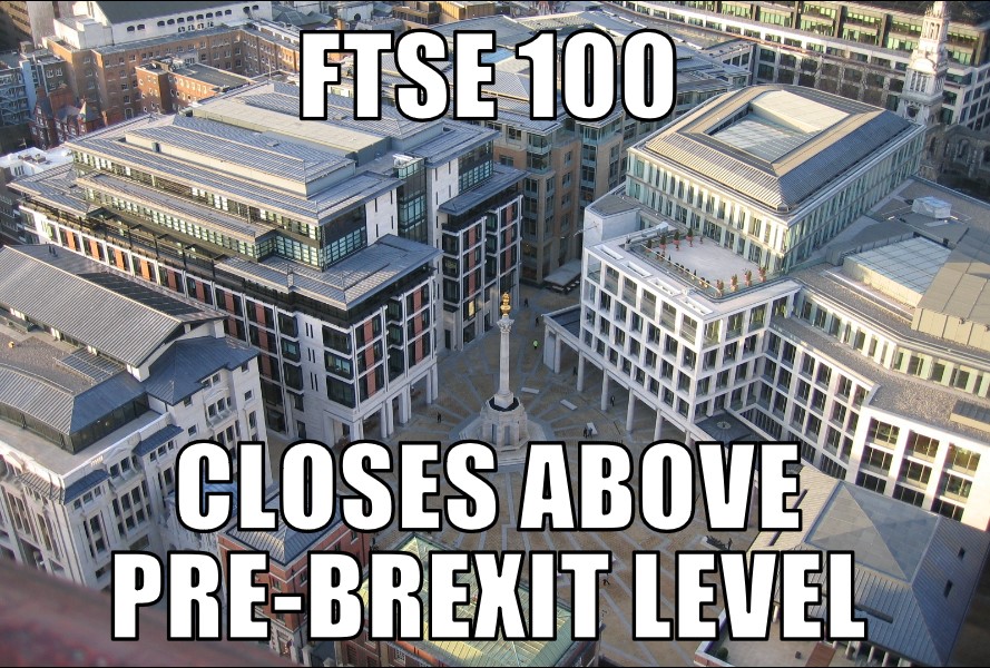 FTSE 100 closes above pre-Brexit level
