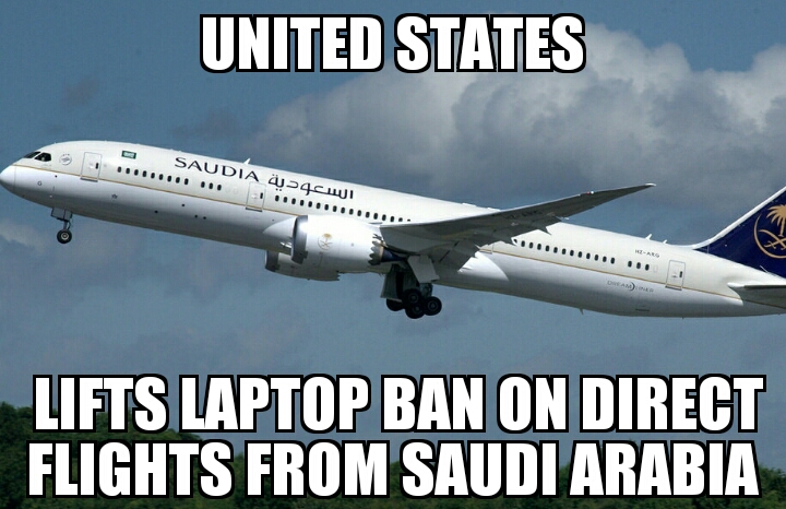 U.S. lifts laptop ban on Saudi flights