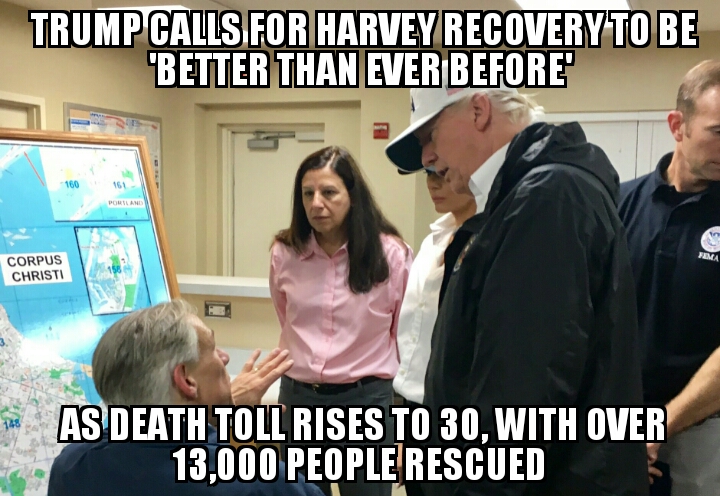 Harvey breaks rainfall record, Trump arrives in Texas 
