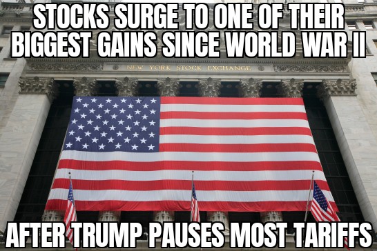 Stocks surge on tariffs pause